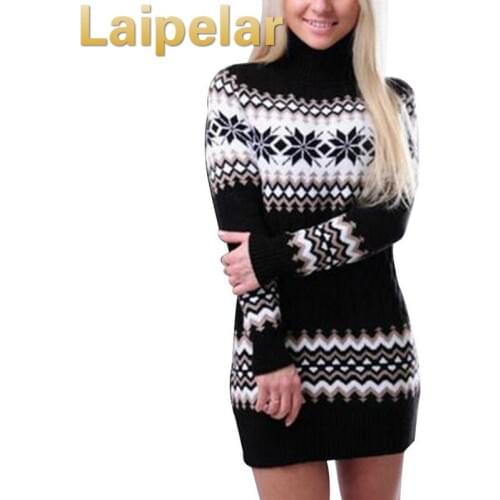 Laipelar Autumn Winter Long Sleeve Turtleneck Pullover Women Sweater Snowflake Knitwear Female Long Sweater Dresses Vestidos
