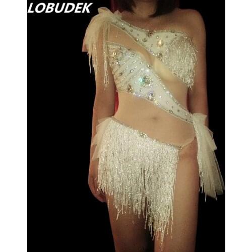 Sexy See-through Rhinestones One-Shoulder Bodysuit Women DJ Singer Bar Party Show Stage Clothing Tassels Tights Dance Costume