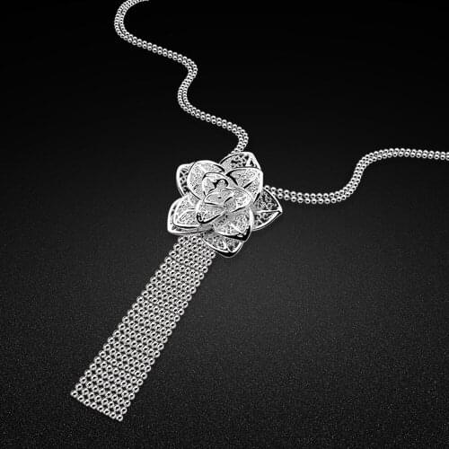 Vintage Ethnic Style Silver Jewelry Necklace Womens Pure 925 Silver Peony Flower Pendant Tassel Beads Sweater Chain 61CM Size