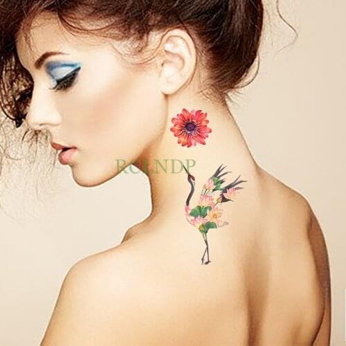 Waterproof Temporary Tattoo Sticker Red-crowned Crane Birl Lotus Flower Fake Tatto Flash Tatoo Foot Hand Arm for Girl Women Men