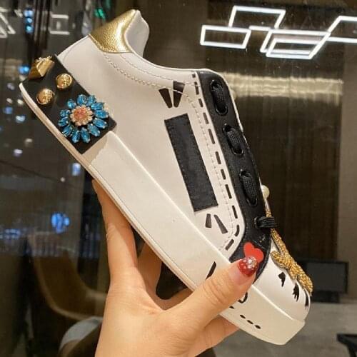 Woman Shoes White Shoes Women Gemstone Flat Sneakers Lace Up Women Shoes New Hot Sale Zapatos De Mujer Casual Sneakers Women