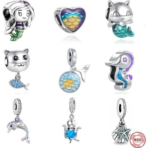 New Hot Sale Mermaid Bead Pendant Octopus Shark Charms Fit Pandora Original Sterling Silver 925 Bracelet For Girl Jewelry Gift