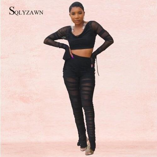 Women Sexy Mesh Ruffle Two Piece Pants Set Transparent Off Shoulder Long Sleeve Backless Crop Top and Pants Club Matching Outfit