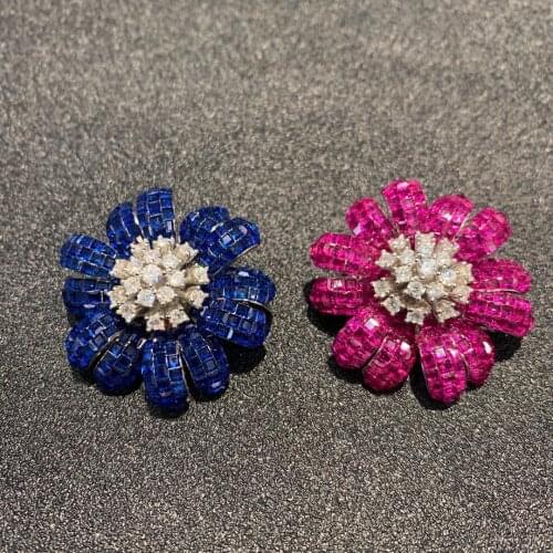 35MM rose red color 925 sterling silver with cubic zircon flower brooch fine women jewelry free shipping cute romantic