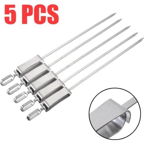 5pcs Reusable Kebab Flat Skewers Stainless Steel Barbecue Skewers BBQ Needle Stick Outdoor Camping Picnic BBQ Grill Tools