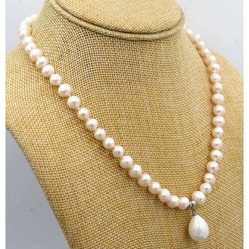 Long 22" 7-8mm White Akoya Cultured Pearl & 12x16mm Shell Pearl Pendant Necklace