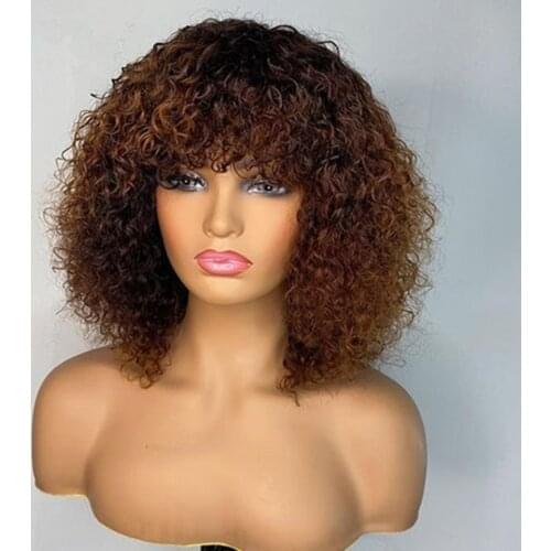 Ombre Brown Kinky Curly 13x4 Lace Frontal Human Hair Wig With Full Bangs 180 Density Remy Peruvian Short Human Hair Wigs