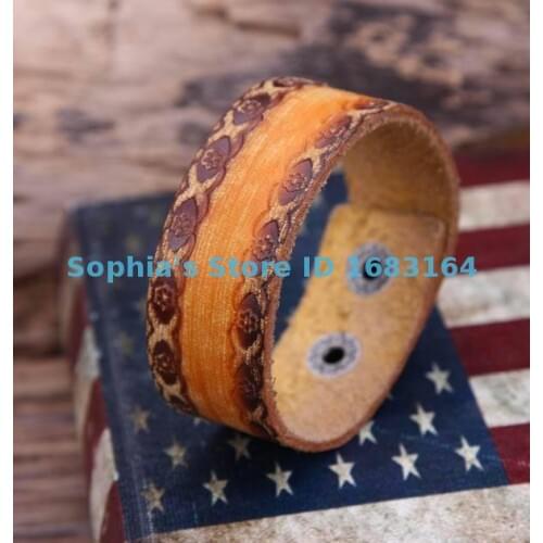 G84 Yellow Retro Texture Embossed Top Grain Cow Leather Wristband Bracelet Cuff Mens