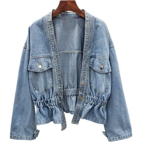 Vintage Long Sleeve Short Denim Jacket Coat Women 2021 Autumn Korean Outerwear Loose V-Neck Elastic Waist Jeans Jackets Female