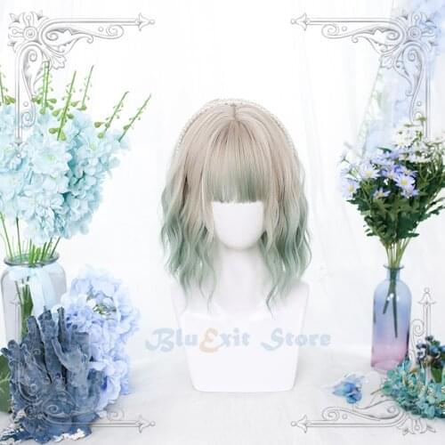 Gradient Beige Green Lolita Wig Harajuku Fairy Mint Curly Short Cosplay Bangs Sweet Fringe Adult Girls Synthetic Hair