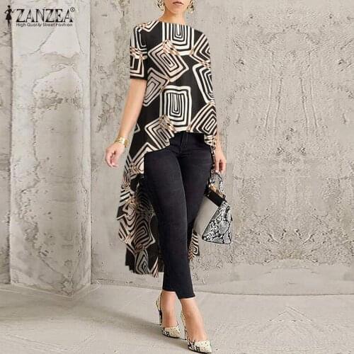 ZANZEA Casual O Neck Short Sleeve Asymmetrical Shirt Women Summer Printed Blouse Vintage High Low Long Tops Tunic Loose Blusas