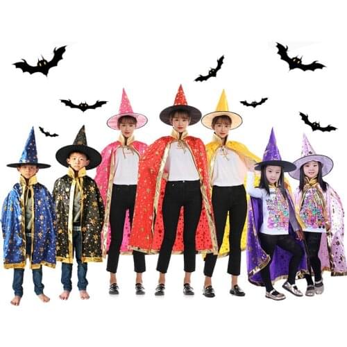 Rose Red Pink Black Blue Halloween Kid Magician Children or Adult Witch Five Stars Cloak Cape With Hat