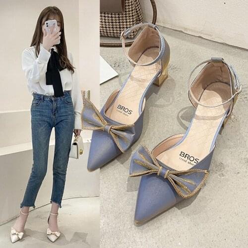 High Heels Summer Fashion New Hollow Thick Heel Single Shoes Pointed Bow One Word Buckle French Sandals for Women