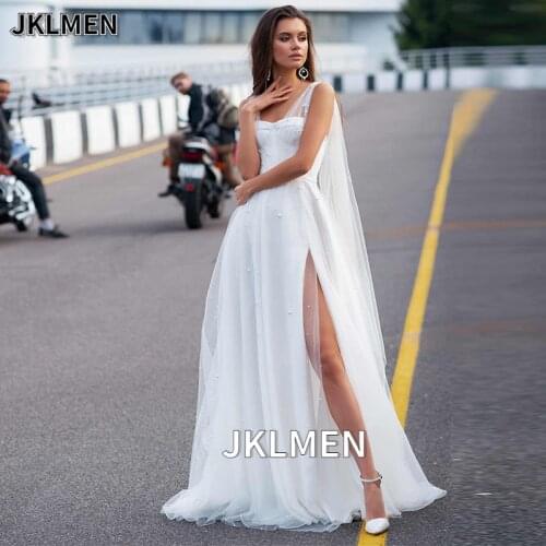 Boho Princess Wedding Dresses with Side Split Pearls Beaded Beach Bridal Gowns Lace Up Back Robe De Mariee