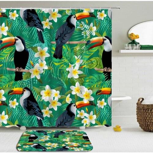 Toucan Birds Flowers Bathroom Curtains Set Mat With Non-slip Floor Mat Waterproof Polyester Cloth Shower Curtains