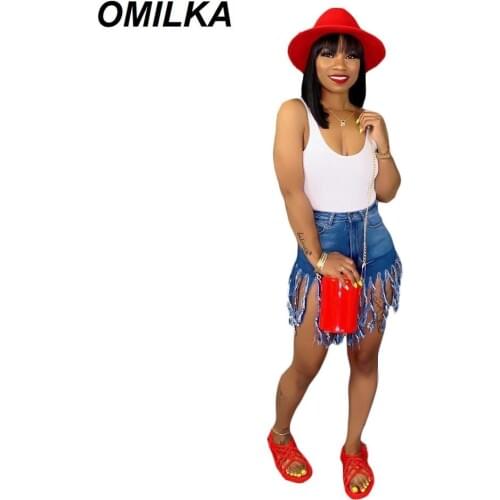 OMILKA Distressed Short Jeans 2019 Summer Women High Waist Tassel Hem Sanding Denim Club Street Plus Size Jeans Shorts S-3XL