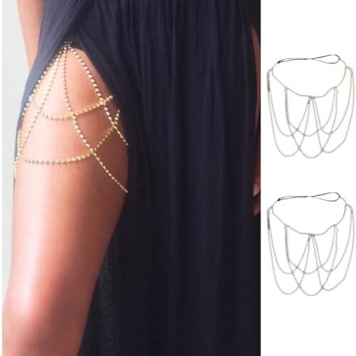 Women Sexy Rhinestone Multi Layers Leg Chain Metal Elastic Thigh Belt Garter Body Jewelry for Club Party Beach Accessory