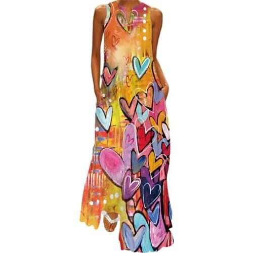 Plus Size Women Dress Fashion Vintage Printing Breathable Casual Loose Ladies Sleeveless V-Neck Long Beach Dresses