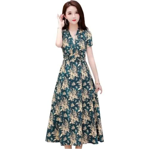 2021 Summer Womens Clothing Dress long New Loose Plus Size 3XL Dress Green Mother Short-Sleeved Floral V-neck Long Dress Female