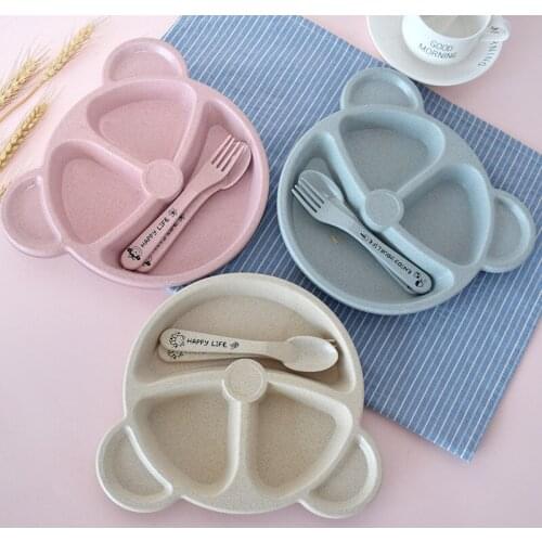 3 Pcs/set Baby Tableware Bowl+spoon+fork BPA Free Children Cartoon Food Dishes Wheat Straw Baby Dinnerware Baby Feeding Supplies