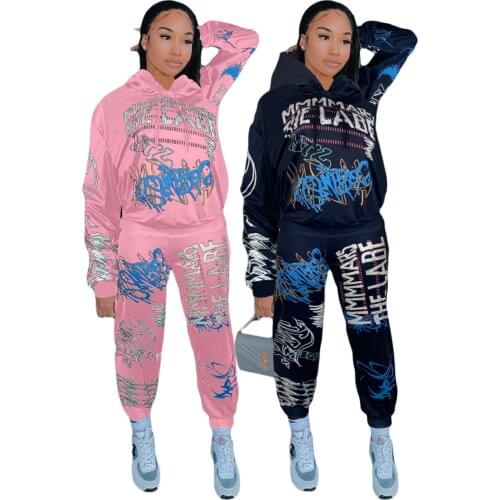 31A8273 Autumn Winter Women Casual Outdoor Graffiti Letter Print Sports with Hood Two Piece Set Tracksuit Sweatsuit Outfits