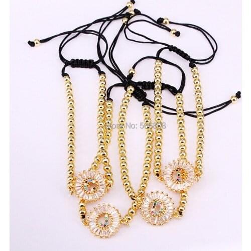 6PCS ZYZ-B0706 Gold Color Cubic Zirconia 26 Alphabet Letter Initial Charm Bracelets, 4mm Copper Beads Bracelet Macrame Jewelry