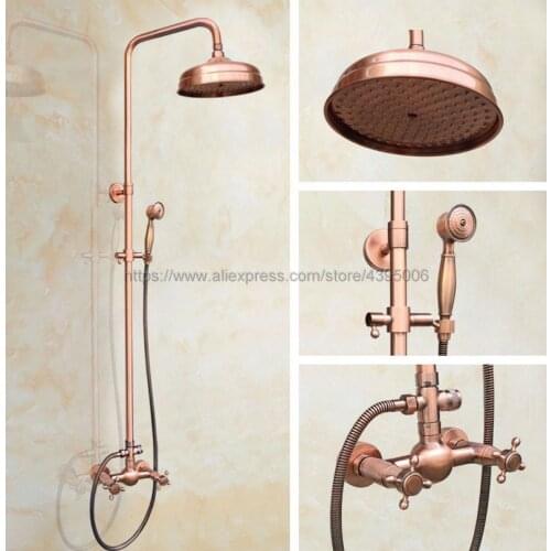 Antique Red Copper Bathroom Rainfall Shower Faucet Set Mixer Tap With Hand Sprayer Wall Mounted Brg521