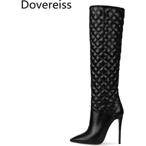 Dovereiss Fashion Womens Shoes Winter Pointed Toe Pure color Stilettos Heels new Ladies Boots Knee High Boots Concise Mature 47