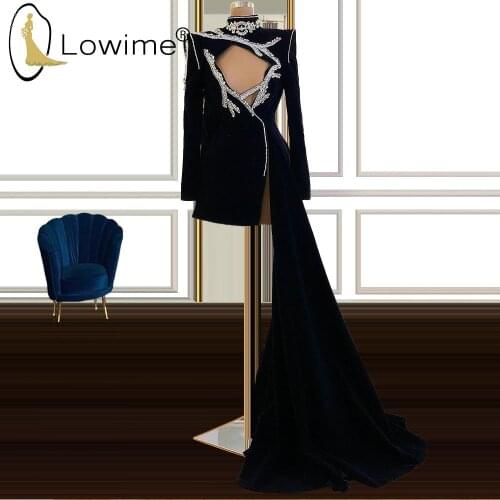 Dubai Black Short Prom Dresses Long Sleeve Prom Gowns Beading High Neck Sexy Party Pageant Dresses