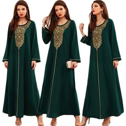 Dubai Muslim Women Embroidery Ethnic Long Dress O-neck Ramadan Kaftan Arabic Abaya Islamic Clothing Turkish Middle East Fashion