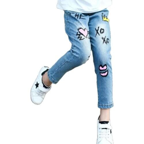 Spring Autumn Clothing Kids Crown Letter Love Heart Printed Jeans Denim Pants Girls Hole Patched Jeans Children Trousers