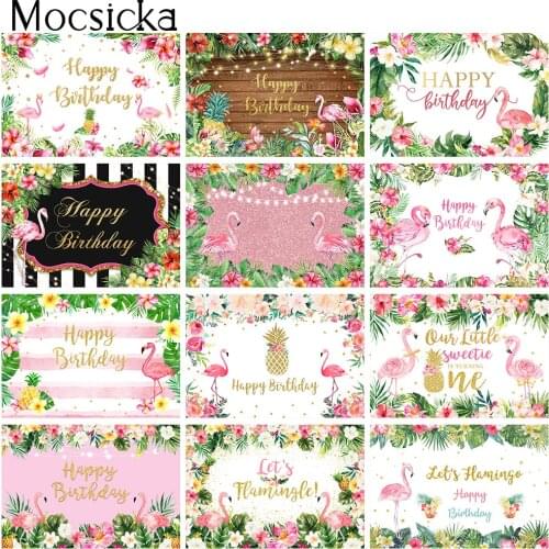 Flamingo Happy Birthday Backdrop Summer Tropical Aloha Party Background Decoration Flowers Lets Flamingle Green Leaves Photo