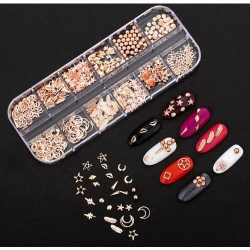 12 Shapes Rose Gold Metal 3D DIY Nail Art Decorations Studs Nails Accessories Supplies Manicure Design Tools
