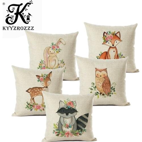 Cute Pink Flowers Cartoon Fox Bear Owl Deer Baby Girl Room Decoration Throw Pillow Case Cotton Linen Cute Cushion Cover For boys