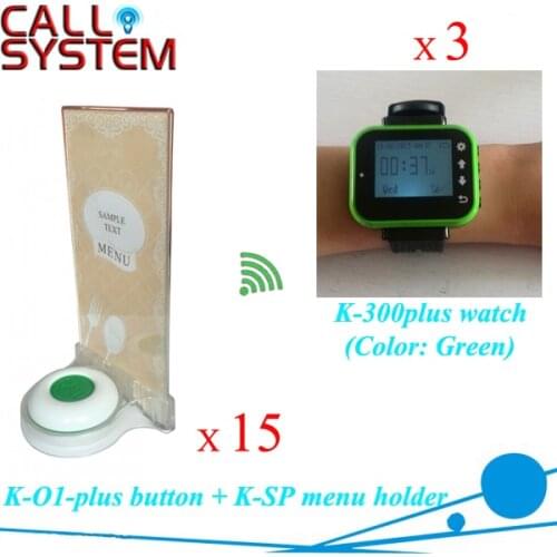 Table waiter service small call button system 3 watch wrist receiver + 15 units buzzer with holder insert the food menu