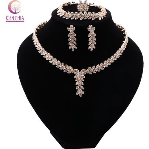 CYNTHIA Nigeria Leaves Shaped Necklace Crystal Earrings Charm Bride Earrings Ring for Women Party Gift Fashion Jewelry Sets