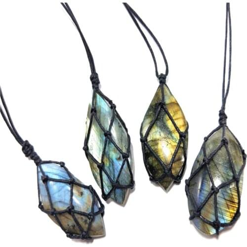 Dragons Heart Shaped Moonlight Labradorite Necklace Natural Stone Pendant Wrap Braided Macrame Necklace Energy Hanging Pendant