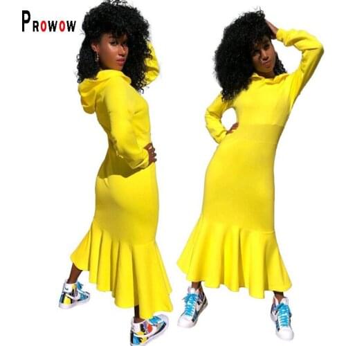 Prowow Women Sweatshirt Dress 2021 New Yellow Color Maxi Trumpet Dresses for Female Long Sleeve Hoodies Streetwear Clothing