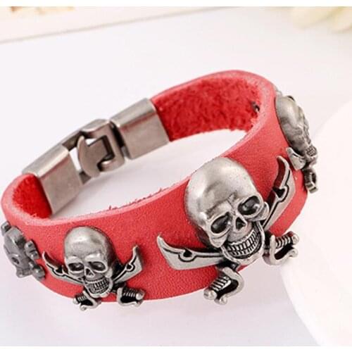 Rock Style Skeleton Charm Bracelet Genuine Leather Motorcycle Jewelry Wristband Male Female Manual Bangles Decoration Adjustable