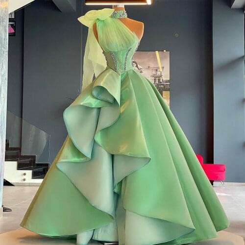 Luxury Green Ball Gown Evening Dresses High Neck Bow One Shoulder Tulle Ruffles Pleated Plus Size Women Prom Gowns