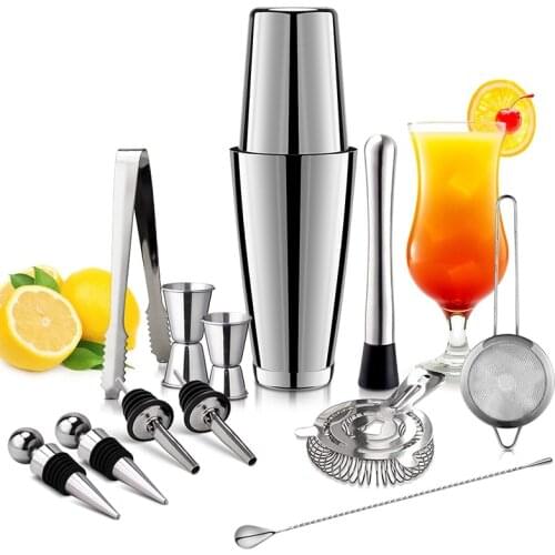 13Pcs/Set Stainless Steel Cocktail Shaker Ice Tong Mixer Drink Boston Bartender Browser Kit Bars Set Professional Barware