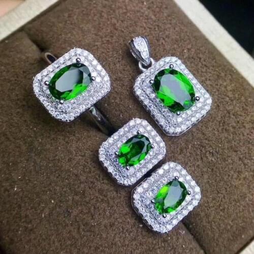Natural and Real Diopside jewelry set 925 sterling silver 1pc pendant,1pc ring ,2pcs Earring