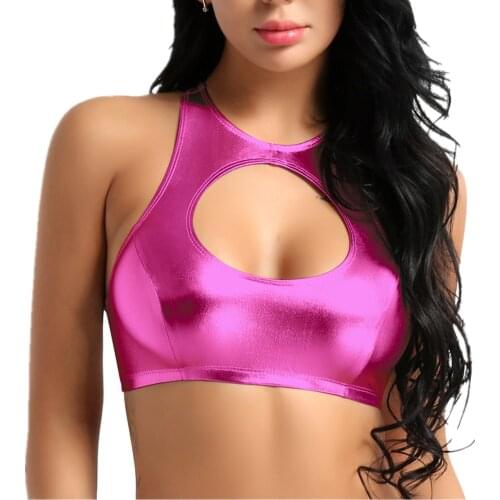 Women Metallic Sleeveless Sexy Tops Black Faux Leather Tank Top Fashion Stretch Tees Pole Dance Crop Top Festival Rave Clothes