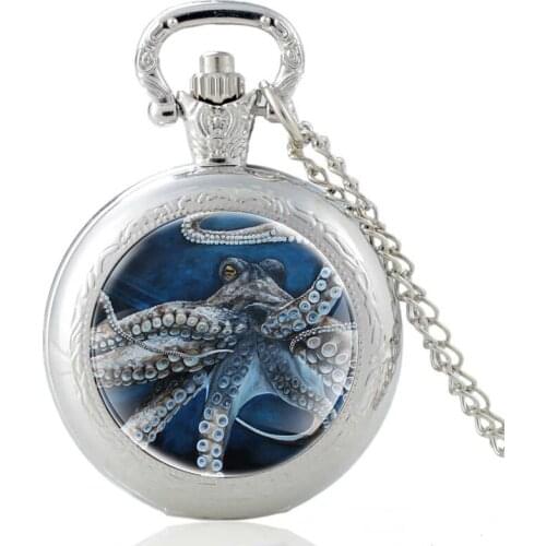 Unique Steampunk Octopus Design Silver Glass Dome Pocket Watch Men Women Punk Style Pendant Necklace Hours Clock Best Gifts