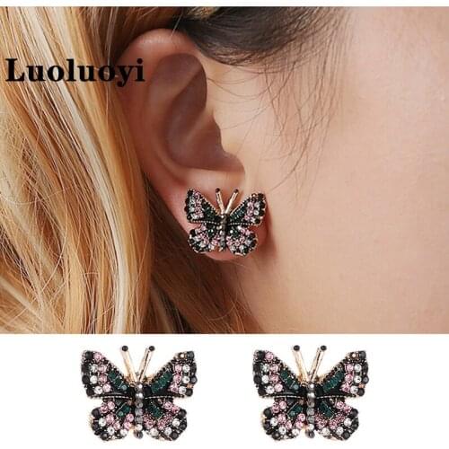 Luoluoyi Vintage color butterfly earrings Green rhinestone animal Retro Studs ladies party jewelry gift