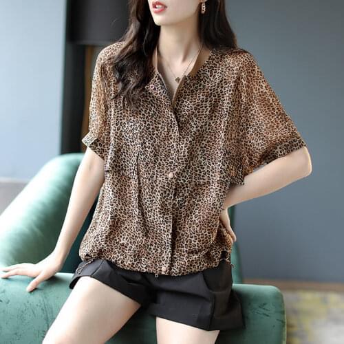 Vintage Leopard Ladies Summer Print Short Sleeve Blouses Temperament Women Chiffon Shirts Fashion Tops Blusas MM1020