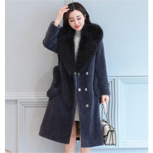 2019 NEW coat female winter womens jacket cashmere coat Solid Fur collar Keep warm fashion Covered Button Slim V-Neck
