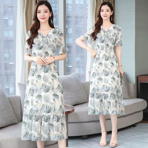 2021 Elegant Print Chiffon Ruffles Beach Midi Dresses Spring Summer Plus Size Vintage Runway Dresses Women Bodycon Party Vestido