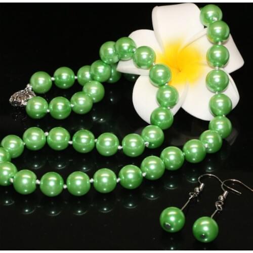 Wholesale fashion women party gifts 10mm round green imitation pearl shell beads necklace earrings jewelry set 18inch B2349