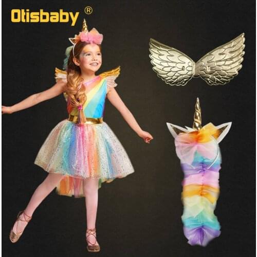 Girl Unicorn Dress Up Kids Flying Sleeve Rainbow Party Dancing Tutu Dress Wing Children Christmas Pageant Tulle Cosplay Costume